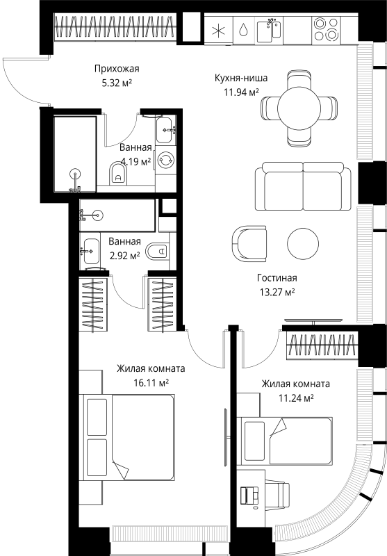 3 ккв (Евро) 65 м²