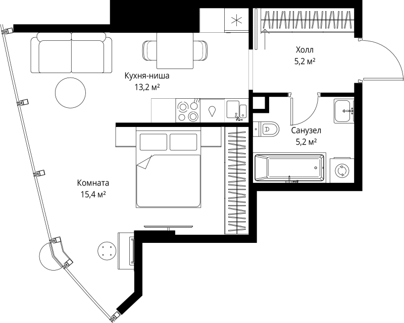 Студия 39 м²