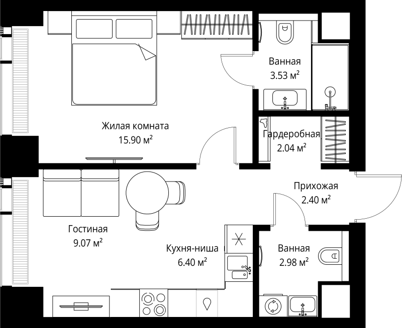2 ккв (Евро) 42,3 м²