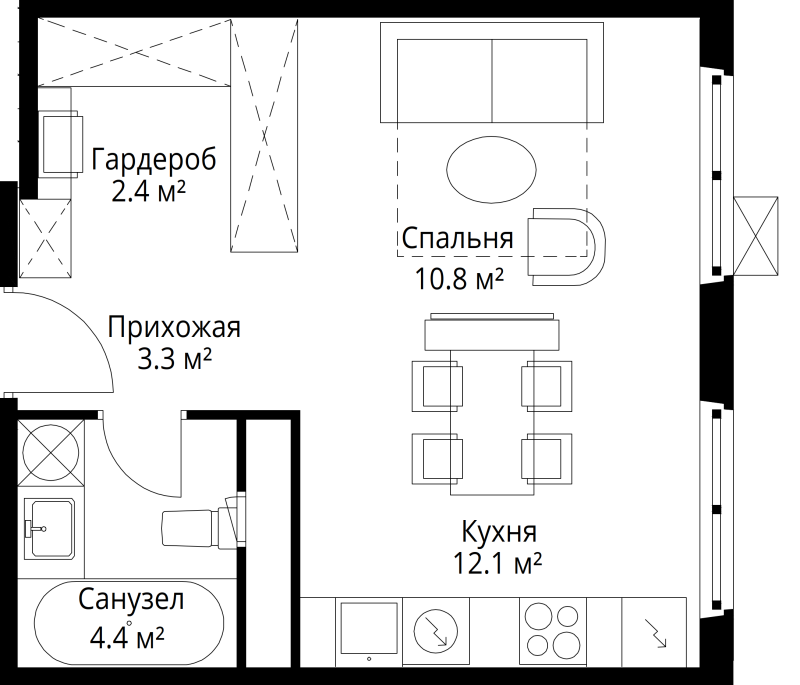 Студия 33 м²