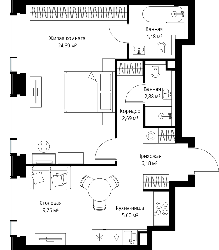 2 ккв (Евро) 56 м²