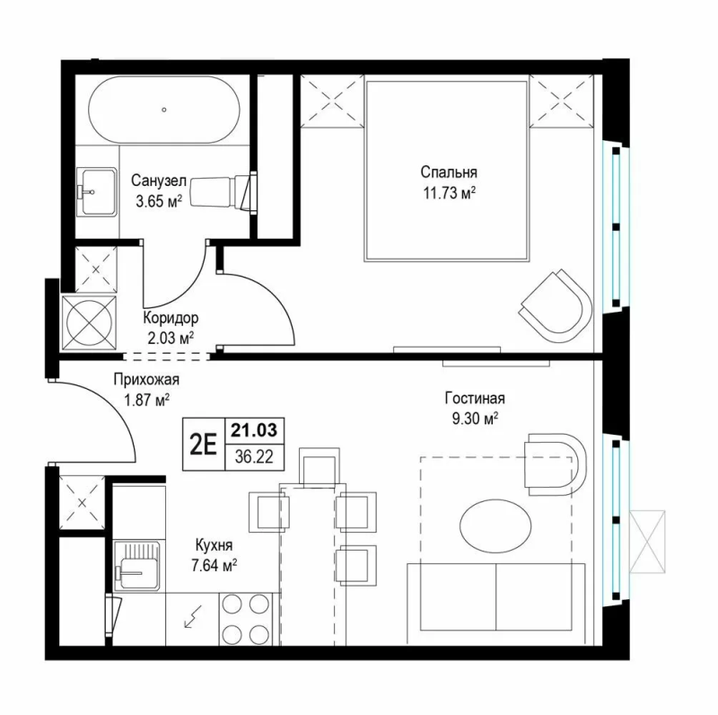 2 ккв (Евро) 36,3 м²