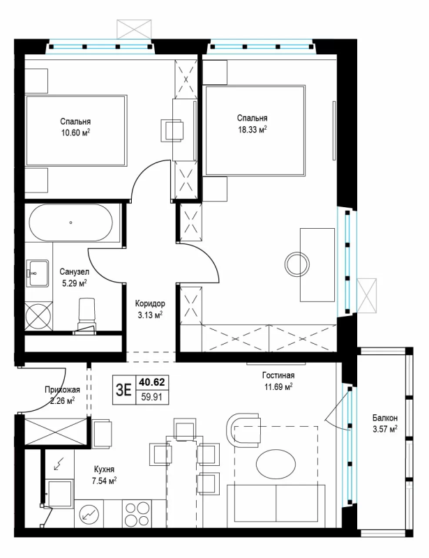 3 ккв (Евро) 59,8 м²