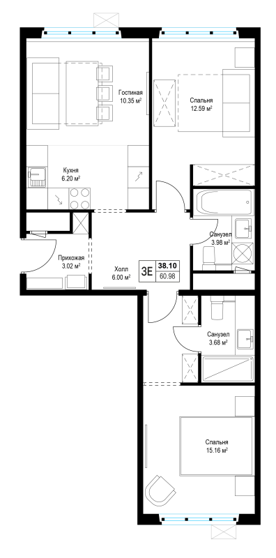 3 ккв (Евро) 61,1 м²