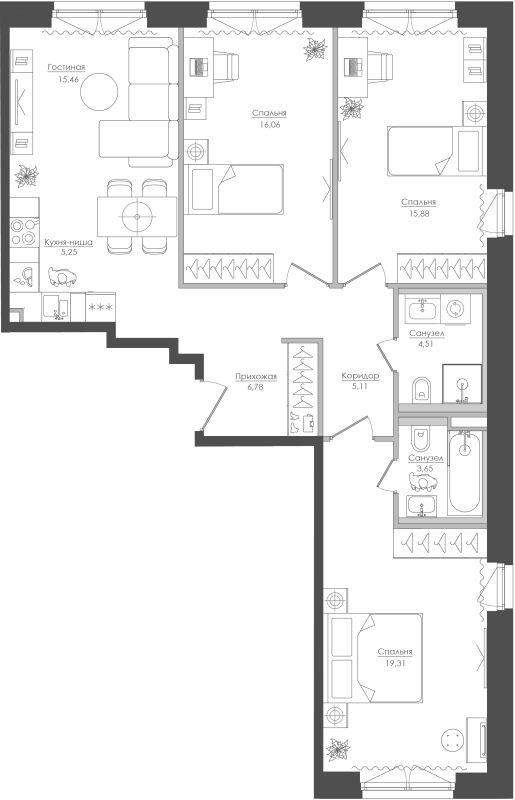 4 ккв (Евро) 92,3 м²