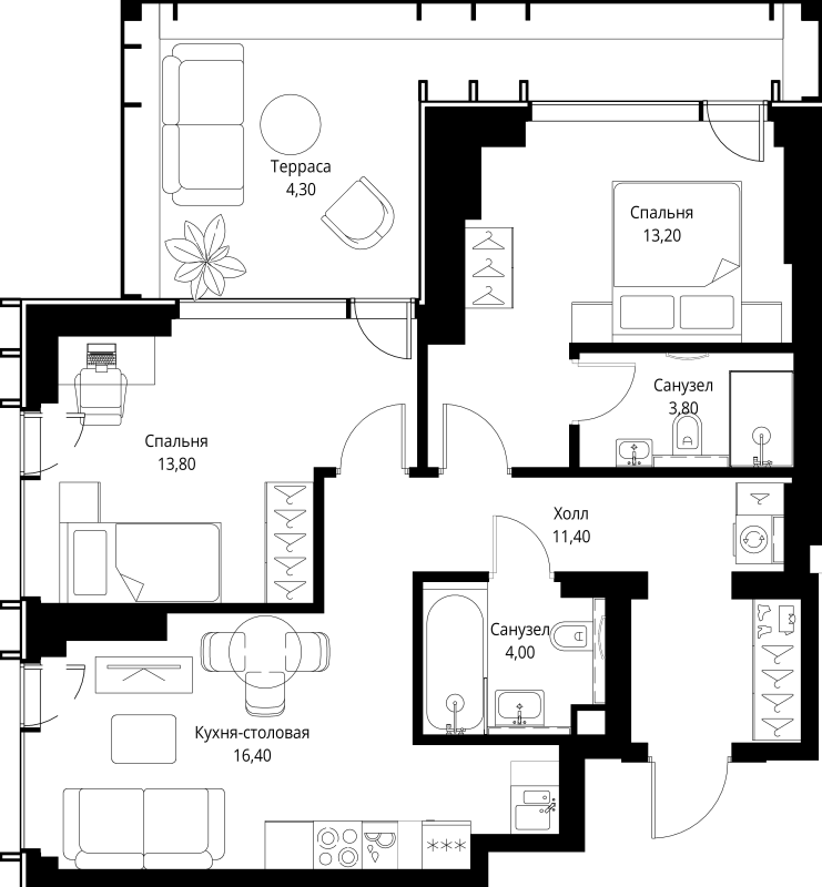 3 ккв (Евро) 66,9 м²