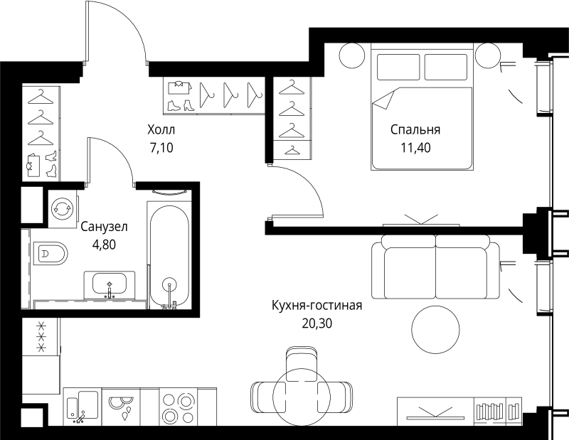 2 ккв (Евро) 44,8 м²