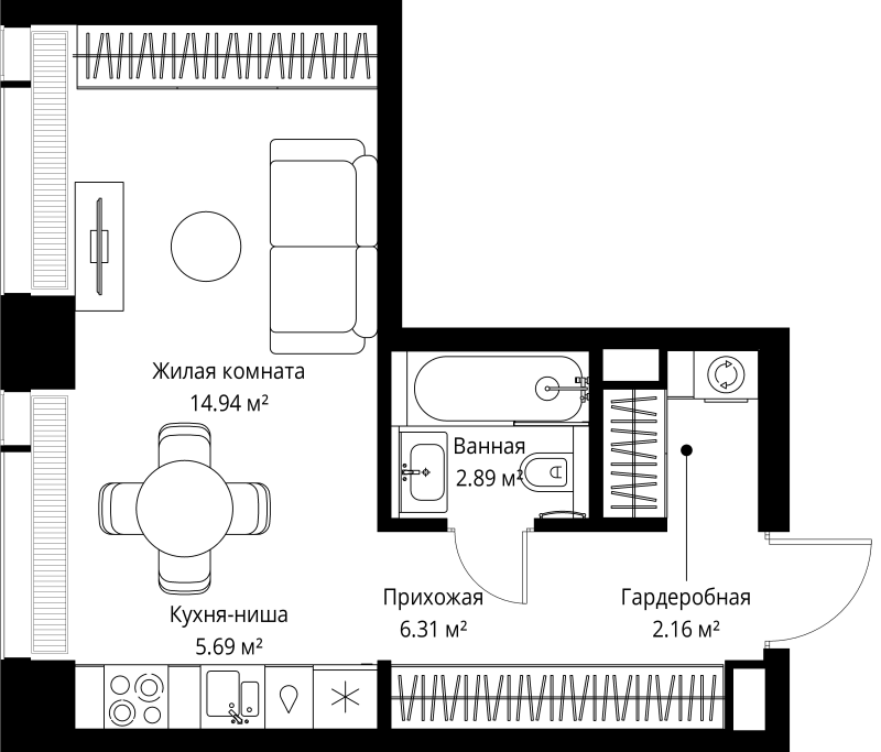 Студия 32 м²