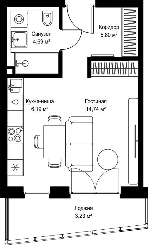 Студия 34,7 м²
