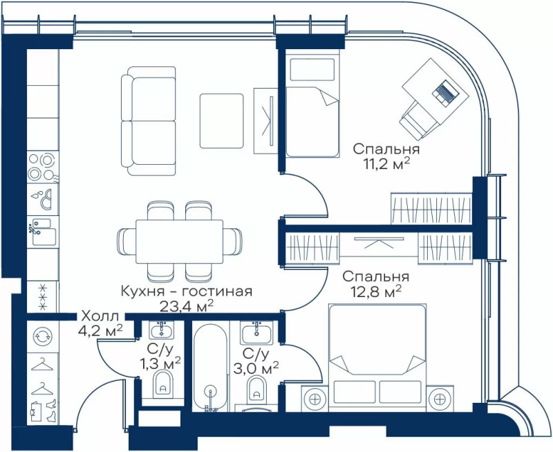 3 ккв (Евро) 54,5 м²