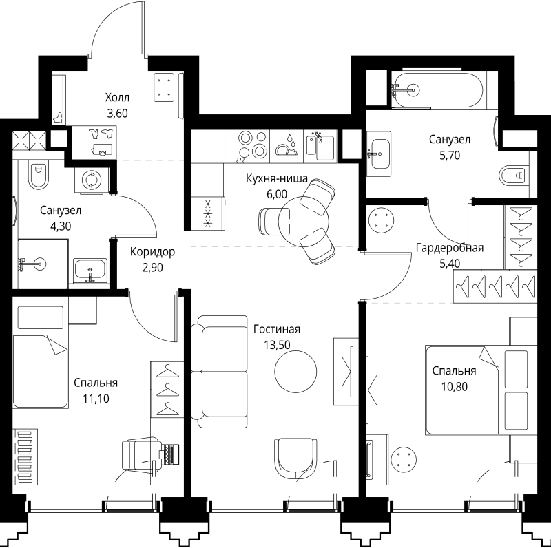 3 ккв (Евро) 63,6 м²