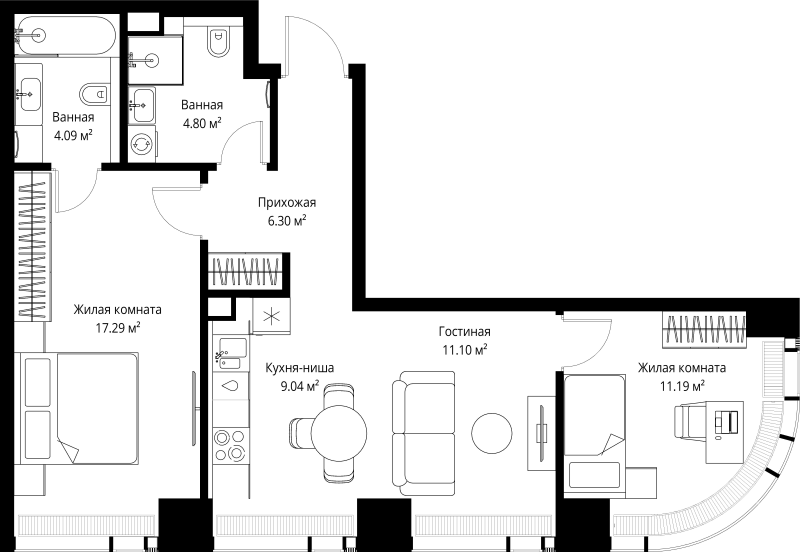 3 ккв (Евро) 63,8 м²