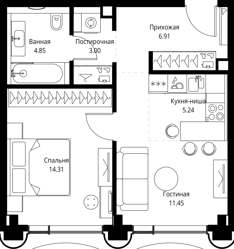 2 ккв (Евро) 45,8 м²