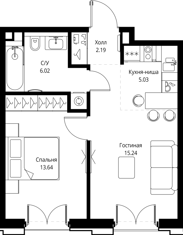2 ккв (Евро) 42,1 м²