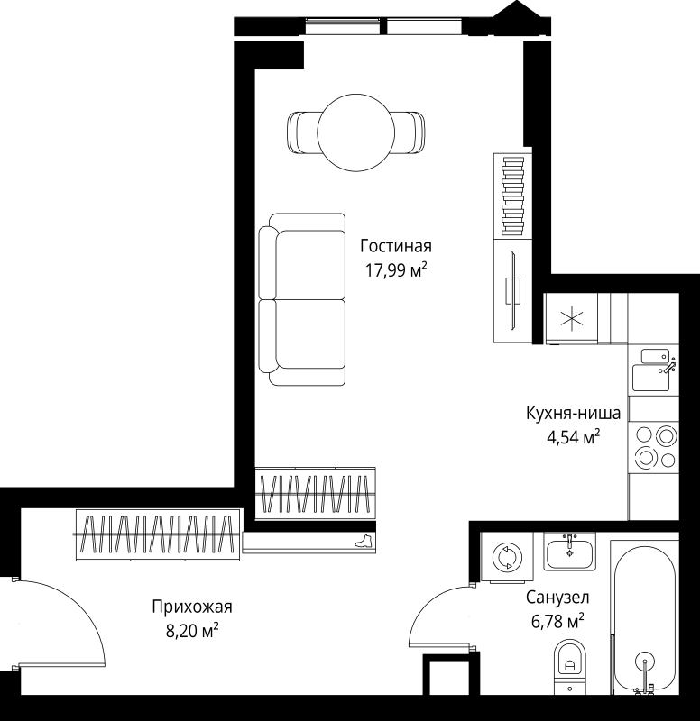 Студия 37,5 м²