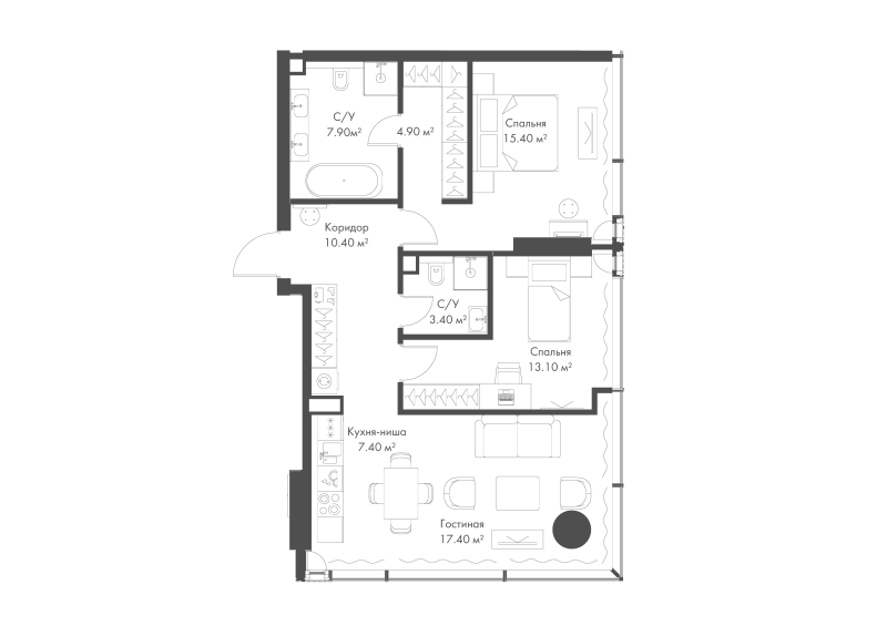 3 ккв (Евро) 79,9 м²