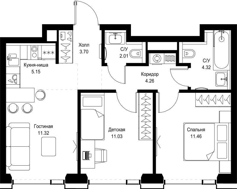 3 ккв (Евро) 53,3 м²