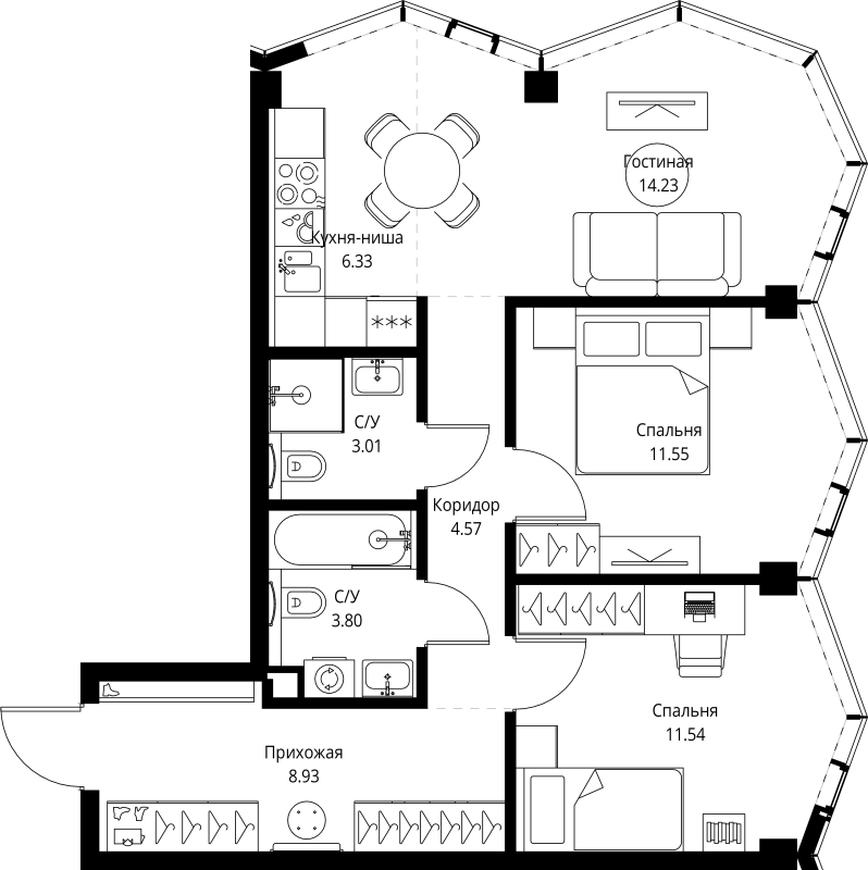 3 ккв (Евро) 64 м²