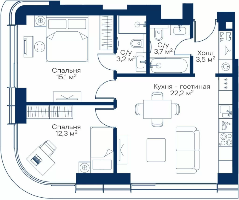 3 ккв (Евро) 58,8 м²