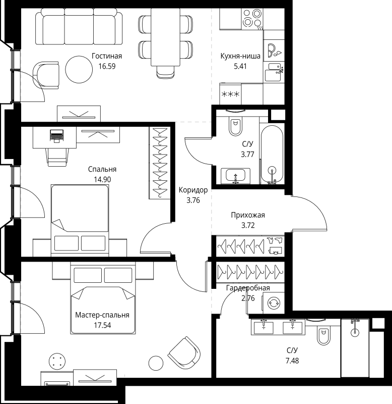 3 ккв (Евро) 75,9 м²