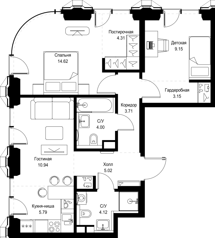 3 ккв (Евро) 64,8 м²