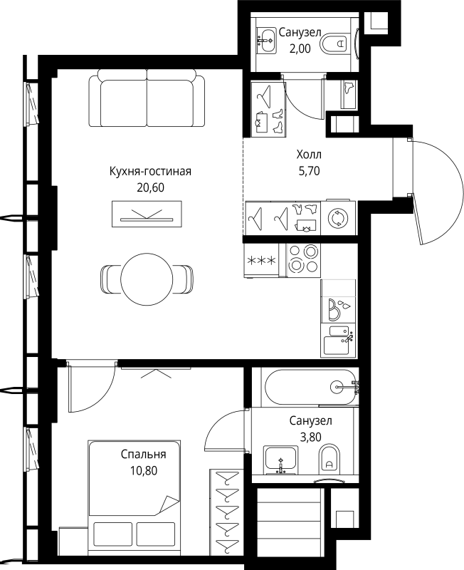 2 ккв (Евро) 42,9 м²