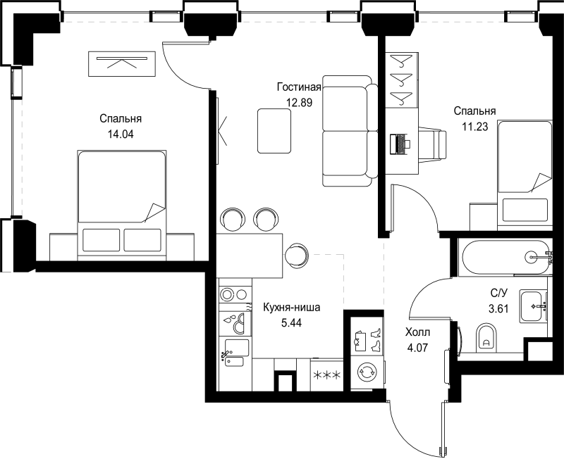 3 ккв (Евро) 51,3 м²