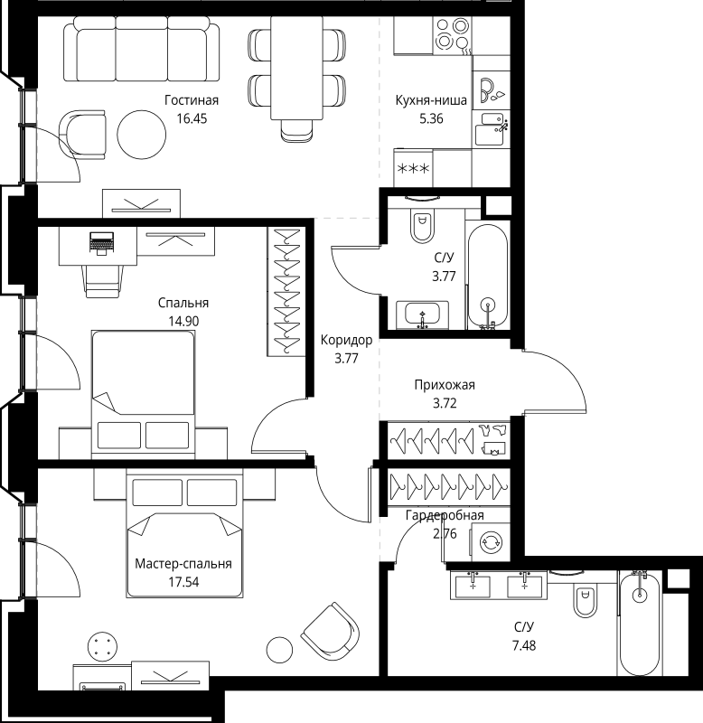 3 ккв (Евро) 75,8 м²