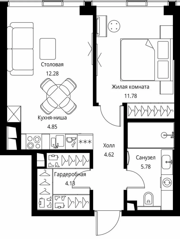 2 ккв (Евро) 43,4 м²