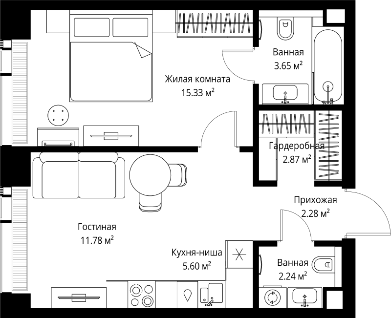 2 ккв (Евро) 43,8 м²