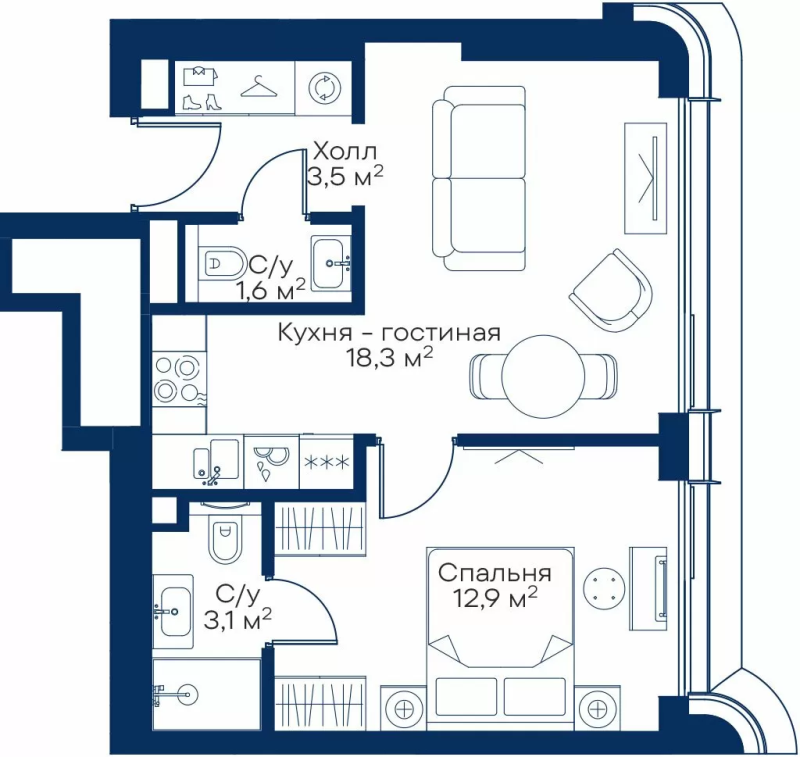 2 ккв (Евро) 38,9 м²