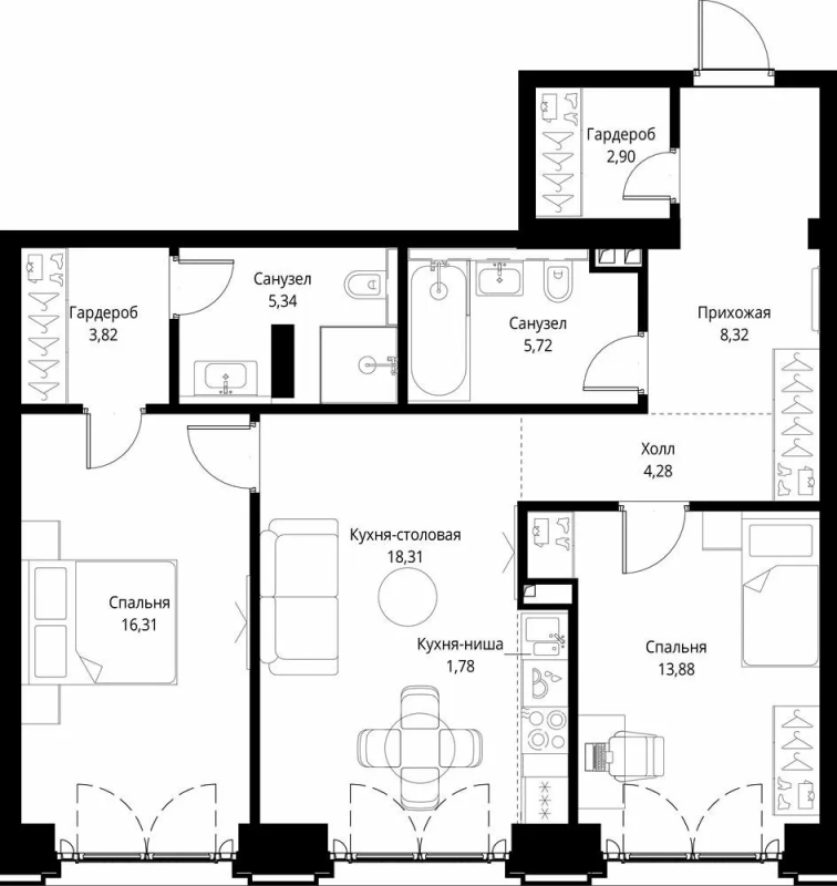 3 ккв (Евро) 80,7 м²