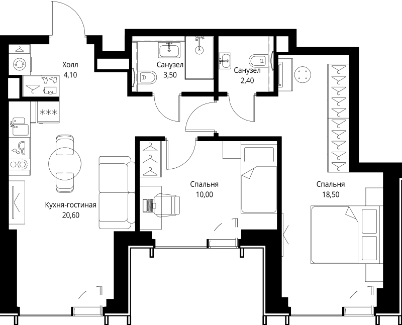 3 ккв (Евро) 60,7 м²