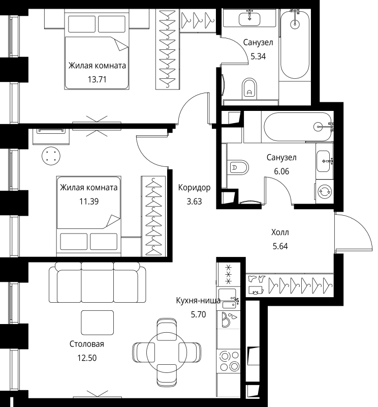 3 ккв (Евро) 64 м²