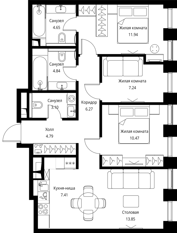 4 ккв (Евро) 74,6 м²