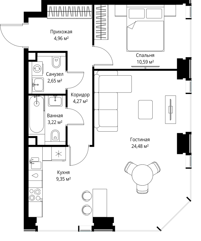2 ккв (Евро) 59,5 м²