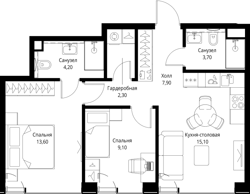 3 ккв (Евро) 55,9 м²