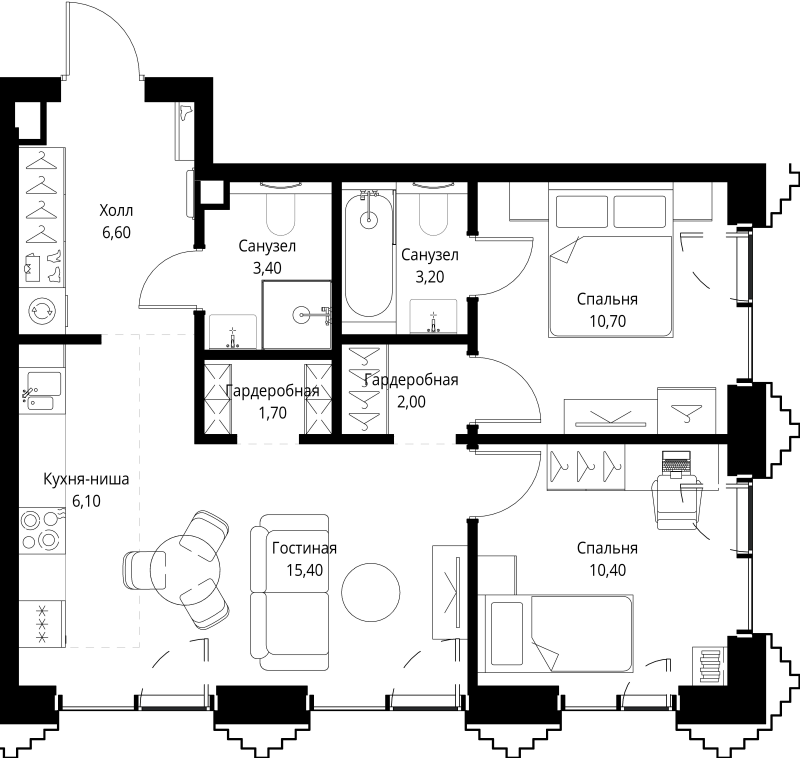 3 ккв (Евро) 59,9 м²