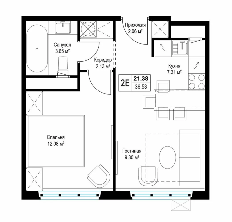 2 ккв (Евро) 36,3 м²