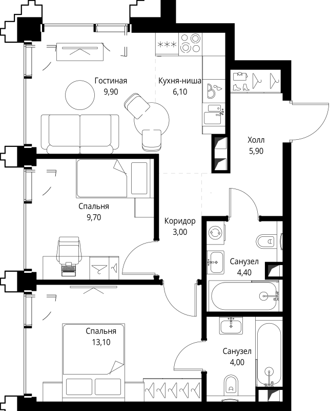 3 ккв (Евро) 56,4 м²