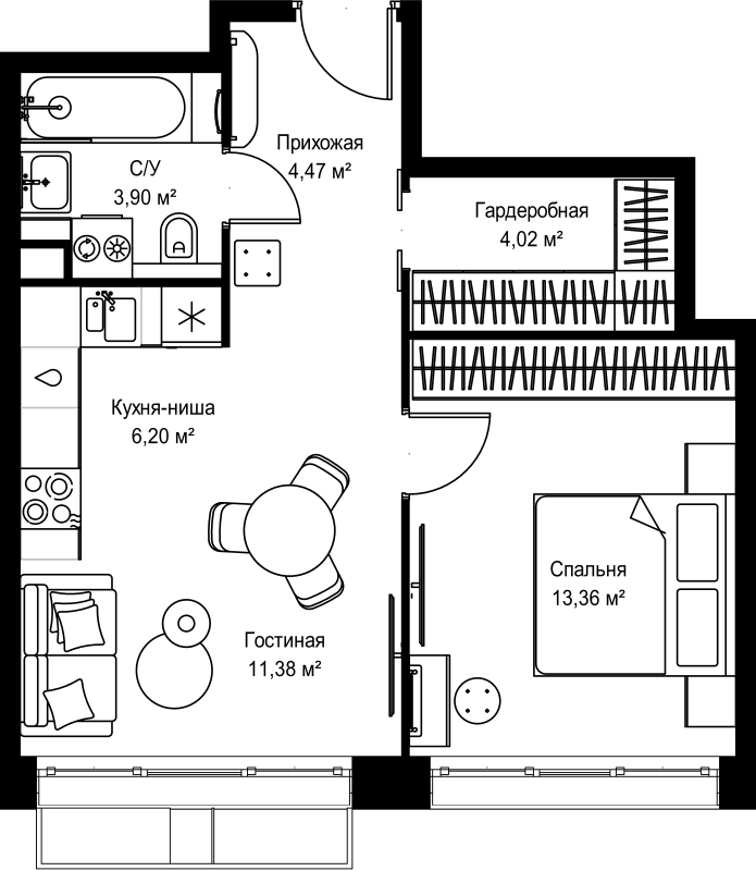 2 ккв (Евро) 43,3 м²