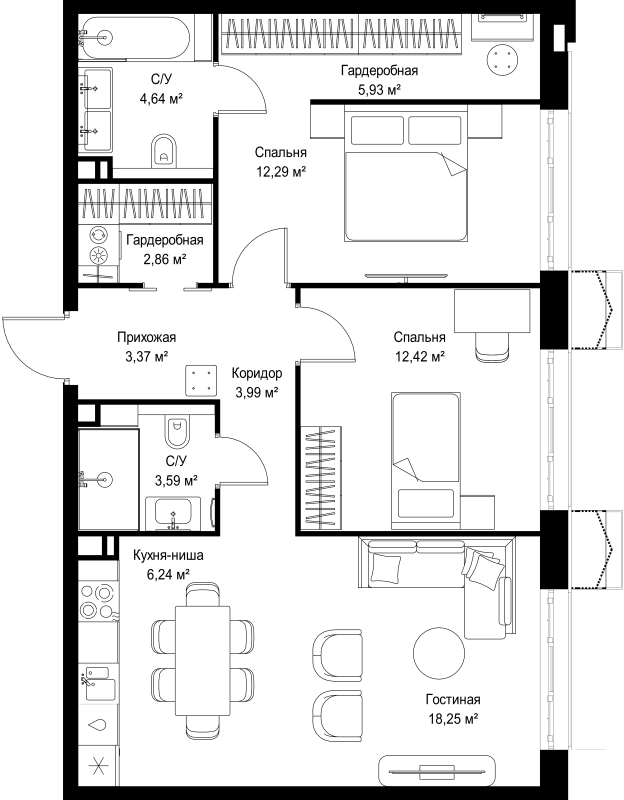 3 ккв (Евро) 73,6 м²