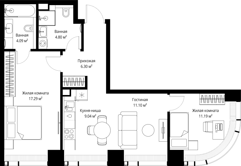 3 ккв (Евро) 63,8 м²