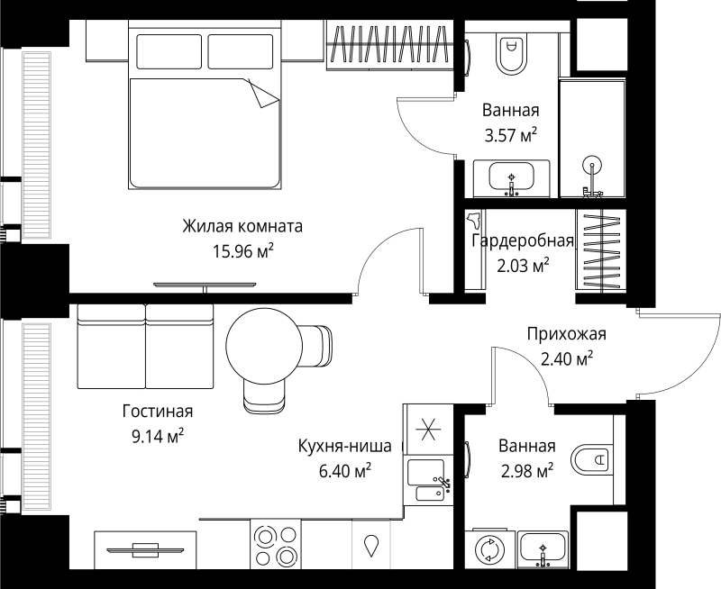 2 ккв (Евро) 42,5 м²