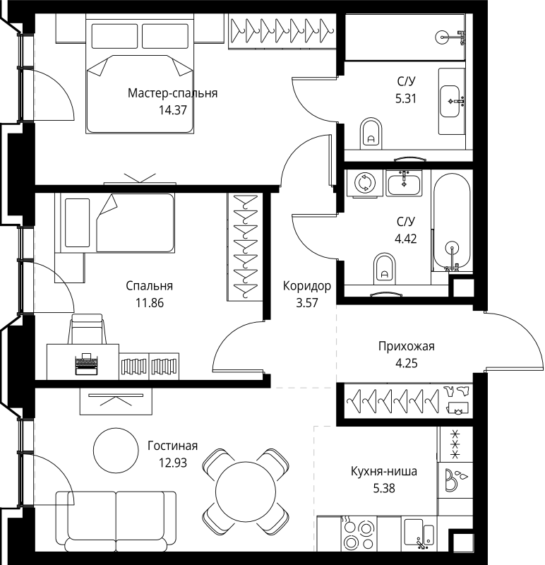 3 ккв (Евро) 62,1 м²