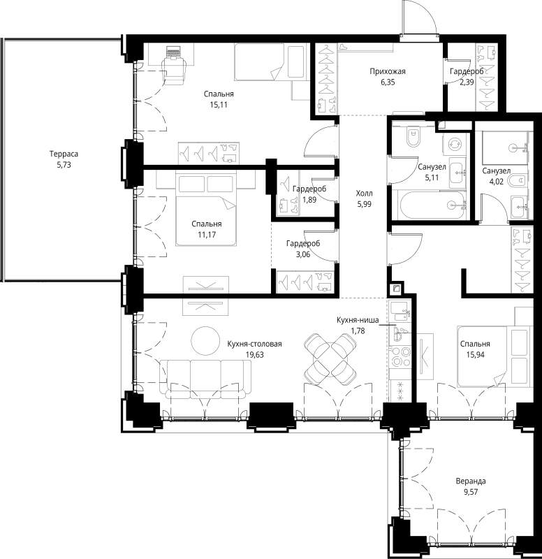 4 ккв (Евро) 107,7 м²