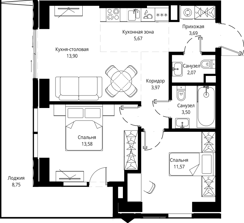 3 ккв (Евро) 66,3 м²