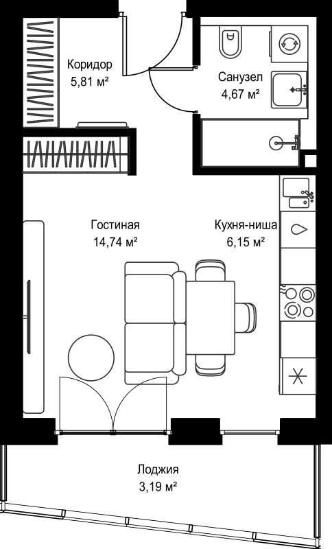 Студия 34,6 м²