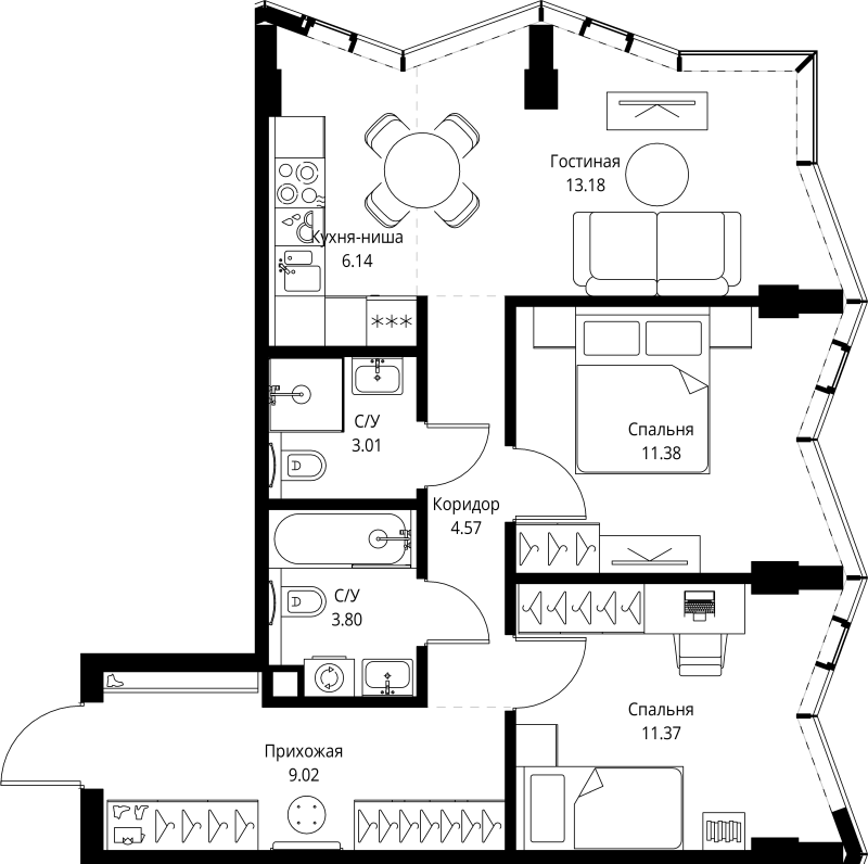 3 ккв (Евро) 62,5 м²