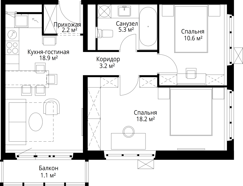3 ккв (Евро) 59,5 м²